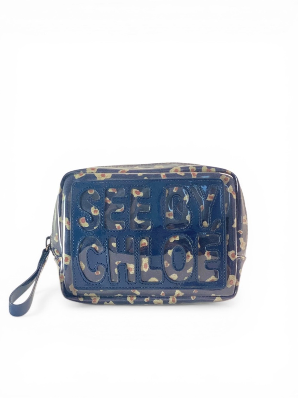 See by Chloe Cosmetic Pouch Clutch Bag Navy Blue Abstract Leopard Print PVC - Picture 2 of 10